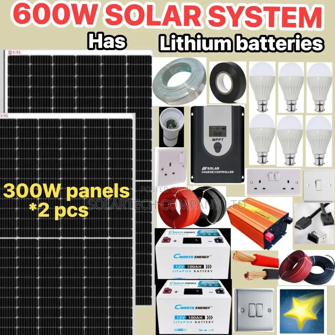 600w Solar Energy System Kit / Includes Lithium Ion Battery