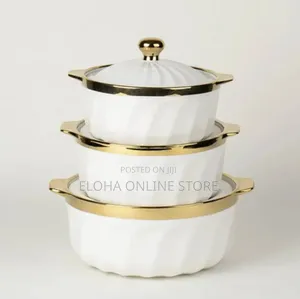 3pcs Durable Ceramic Serving Dishes With a Lid of Gold Rim