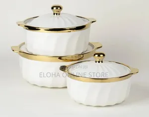 3pcs Durable Ceramic Serving Dishes With a Lid of Gold Rim