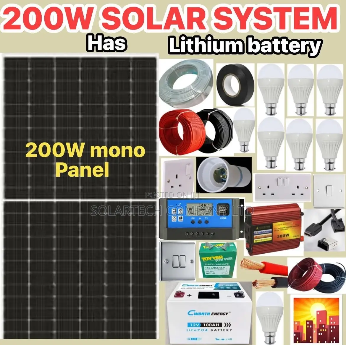 200w Durable Solar System Kit With Lithium Ion Battery