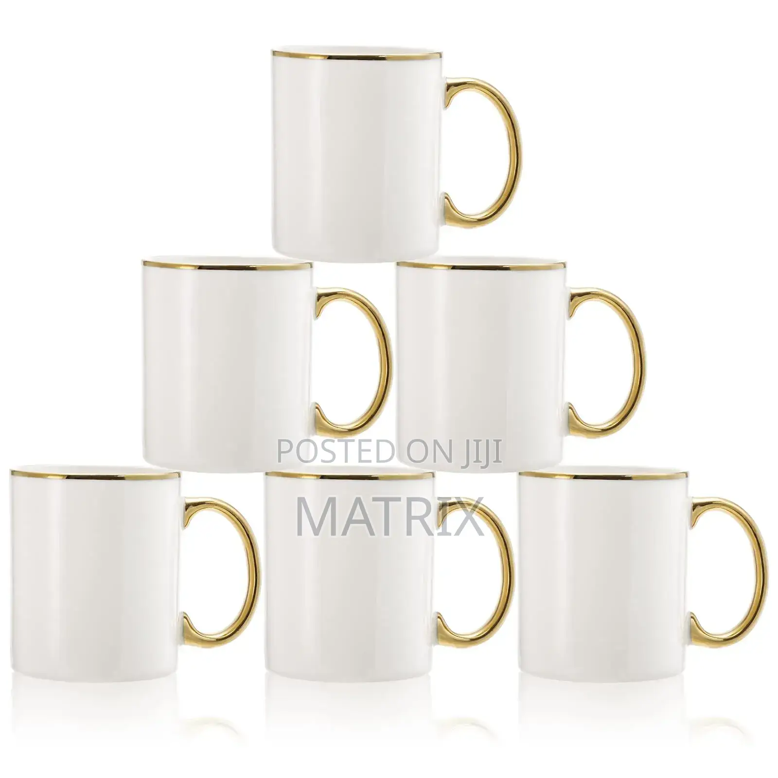 6 White Ceramic Coffee Mugs With Gold Rims and Handles