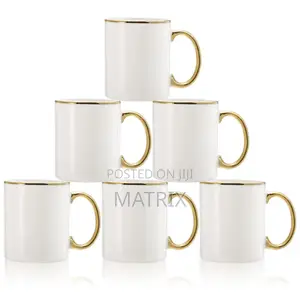 6 White Ceramic Coffee Mugs With Gold Rims and Handles