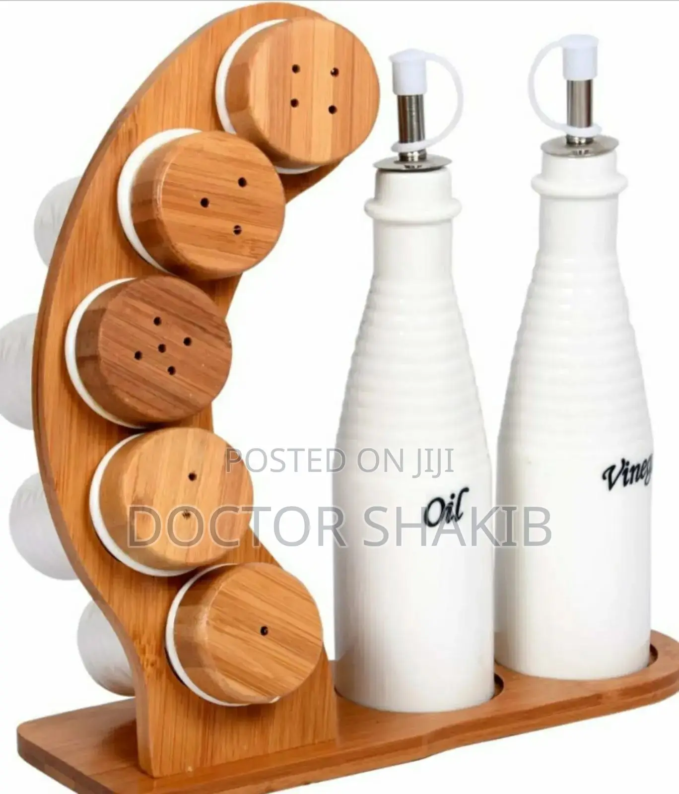 Quality Set of 7 Cruets With Bamboo Rack