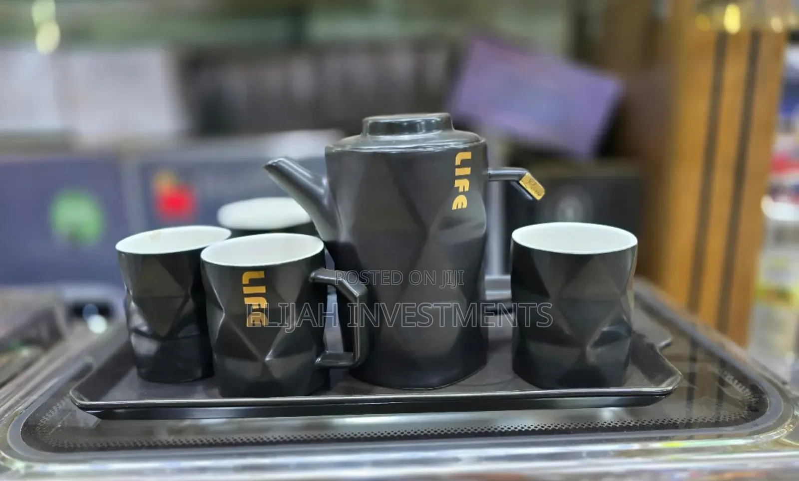 Ceramic Black Teapot Set With 4 Cups Tray