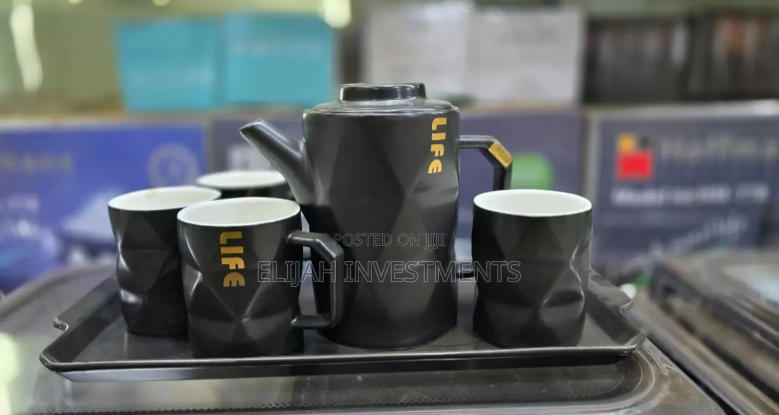 Ceramic Black Teapot Set With 4 Cups Tray