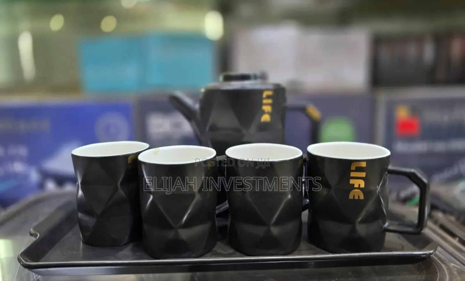 Ceramic Black Teapot Set With 4 Cups Tray
