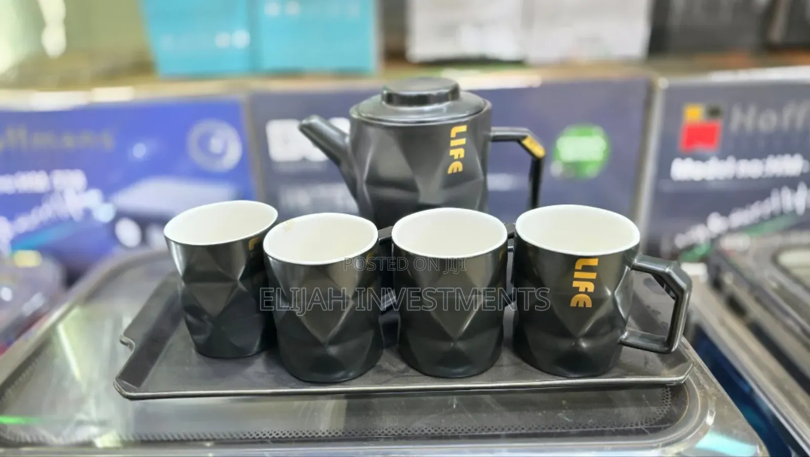 Ceramic Black Teapot Set With 4 Cups Tray