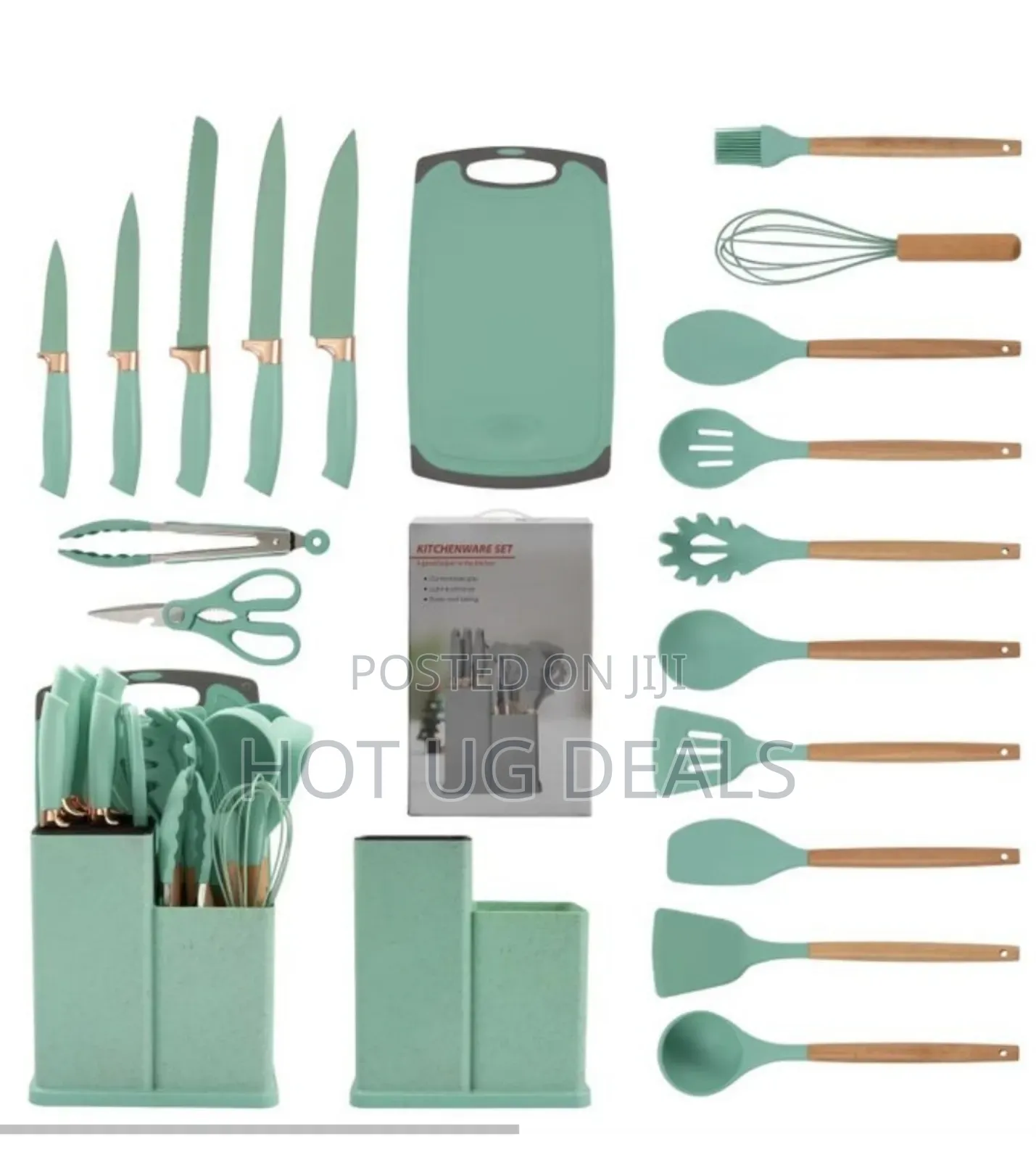 Silicone Kitchen Cooking Utensil Set & Knives - Green
