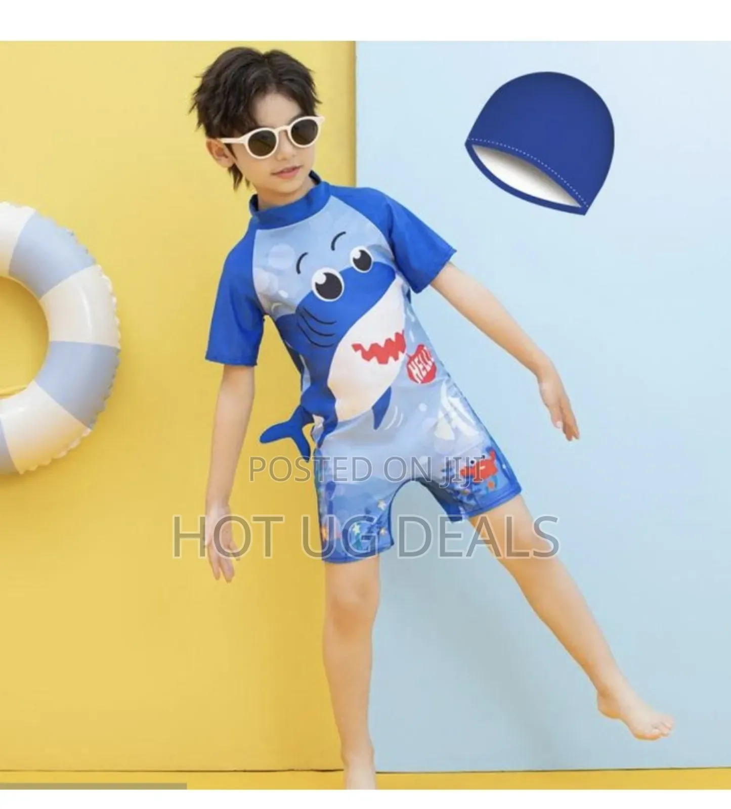 Kids Cute Boy Swimsuit Onepiece With Cap (3 To 12 Yrs)