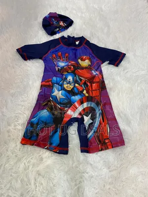Kids Cute Boy Swimsuit Onepiece With Cap (3 To 12 Yrs)