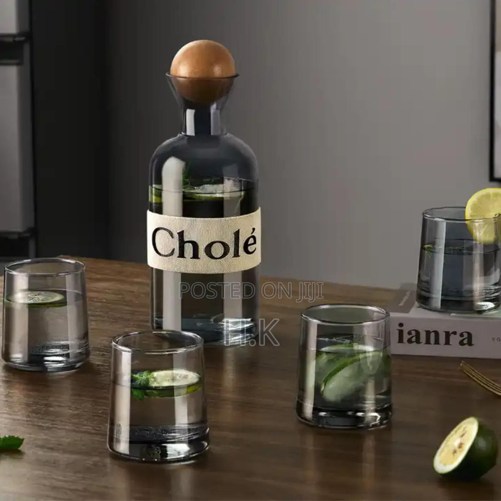 1.2l Smoked Glass Bottle، Wooden Ball Lid 4x250ml Glass Cups