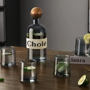 1.2l Smoked Glass Bottle، Wooden Ball Lid 4x250ml Glass Cups