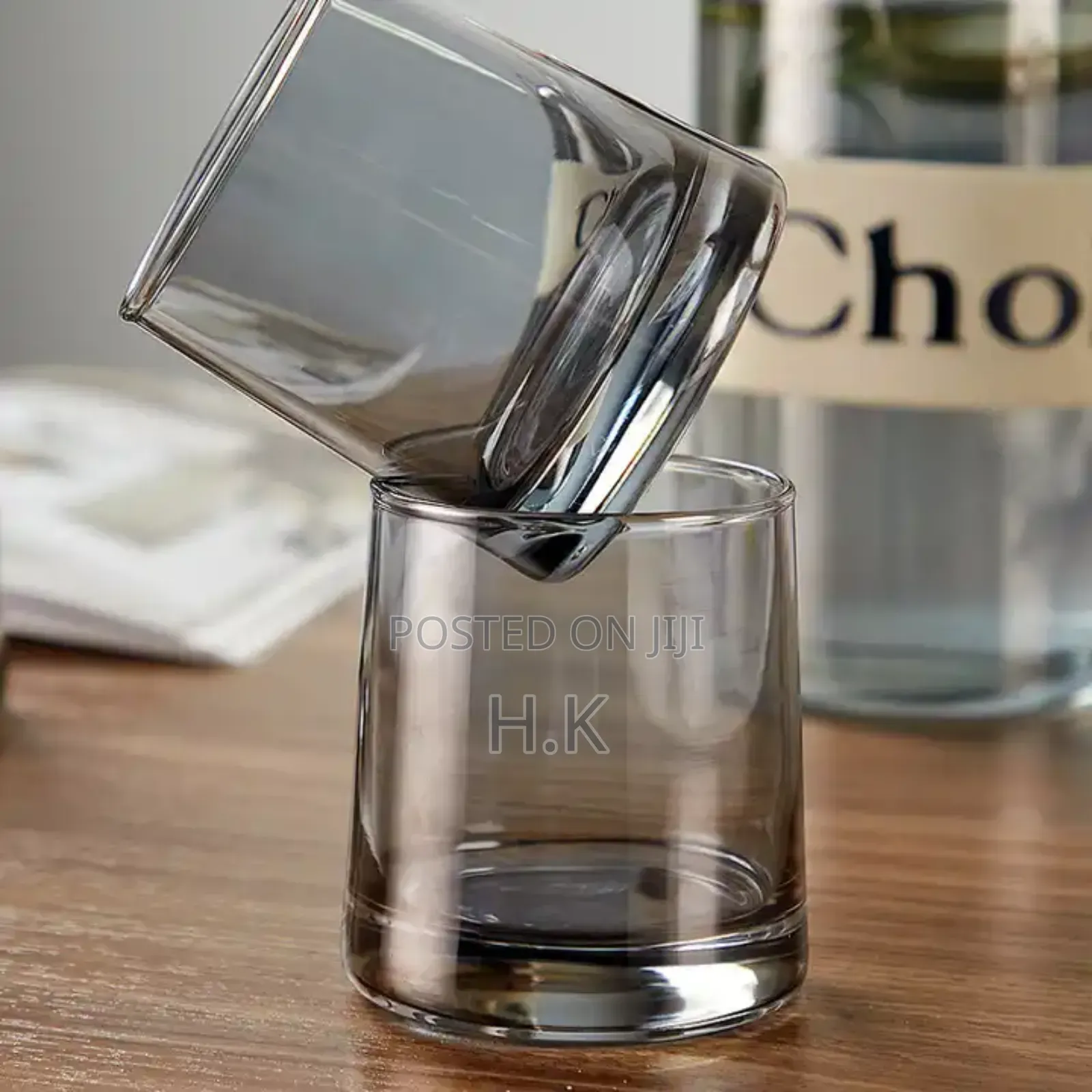 1.2l Smoked Glass Bottle، Wooden Ball Lid 4x250ml Glass Cups