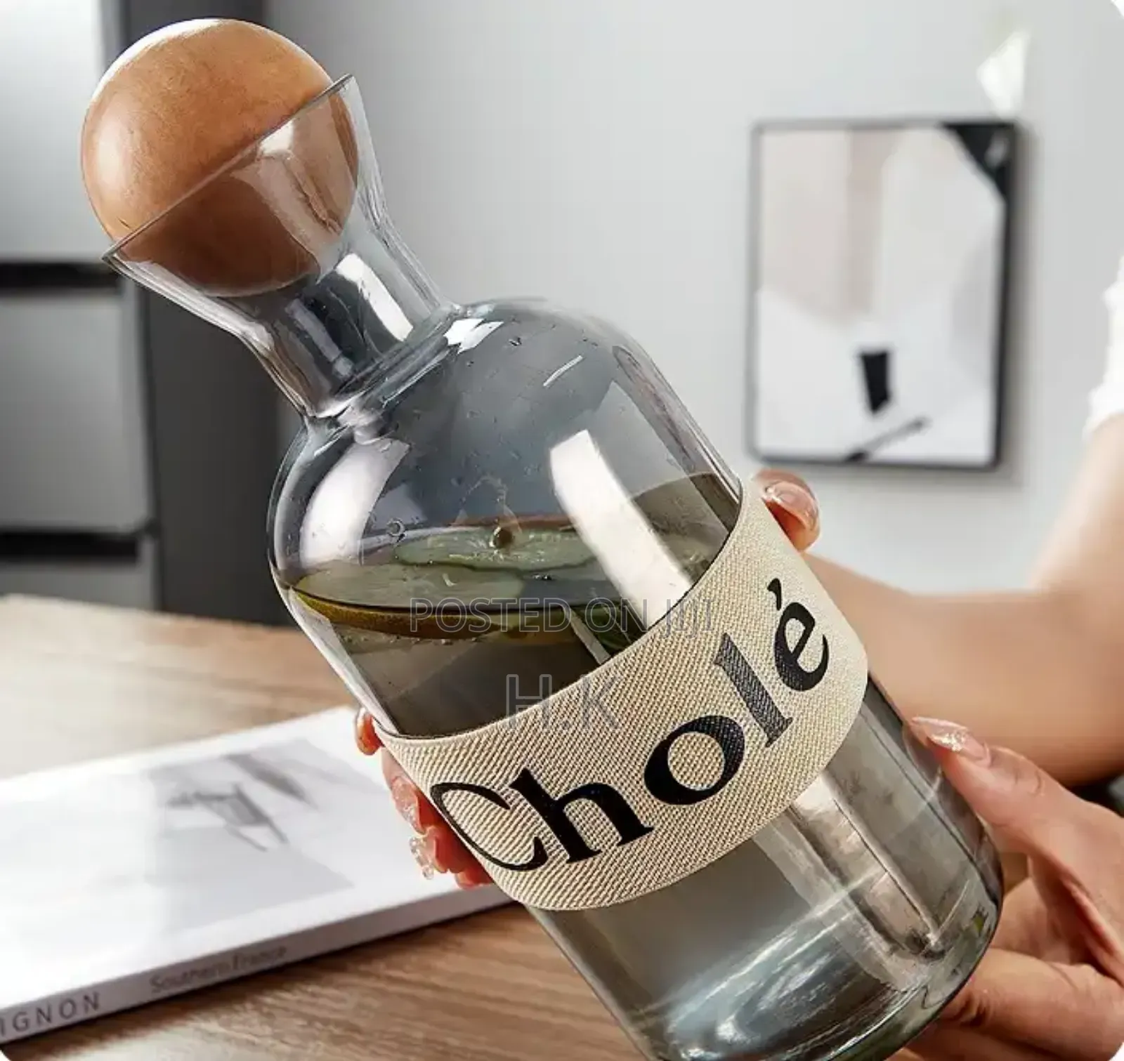 1.2l Smoked Glass Bottle، Wooden Ball Lid 4x250ml Glass Cups