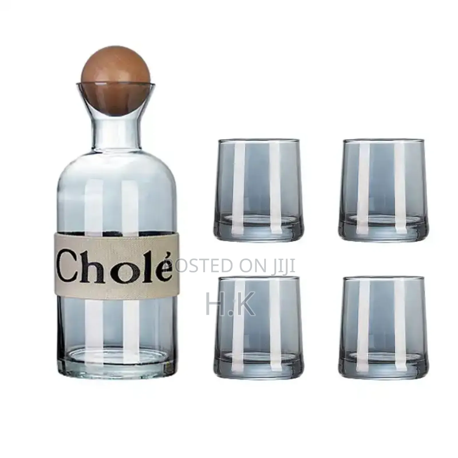 1.2l Smoked Glass Bottle، Wooden Ball Lid 4x250ml Glass Cups