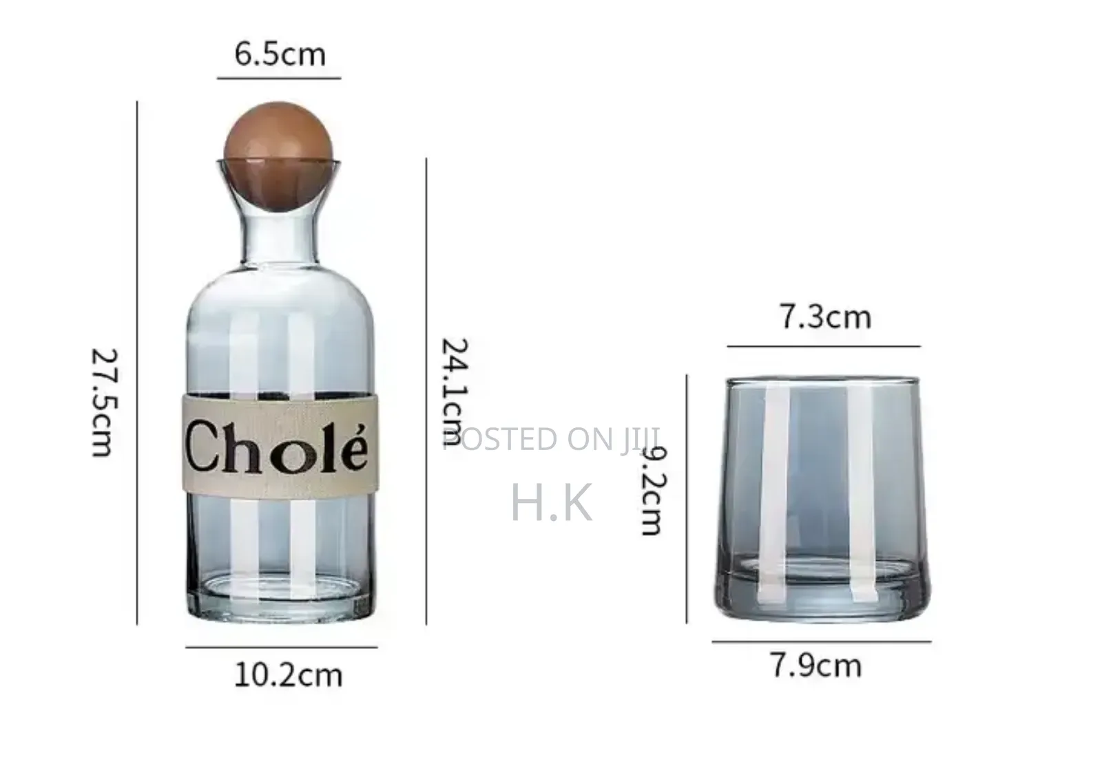 1.2l Smoked Glass Bottle، Wooden Ball Lid 4x250ml Glass Cups