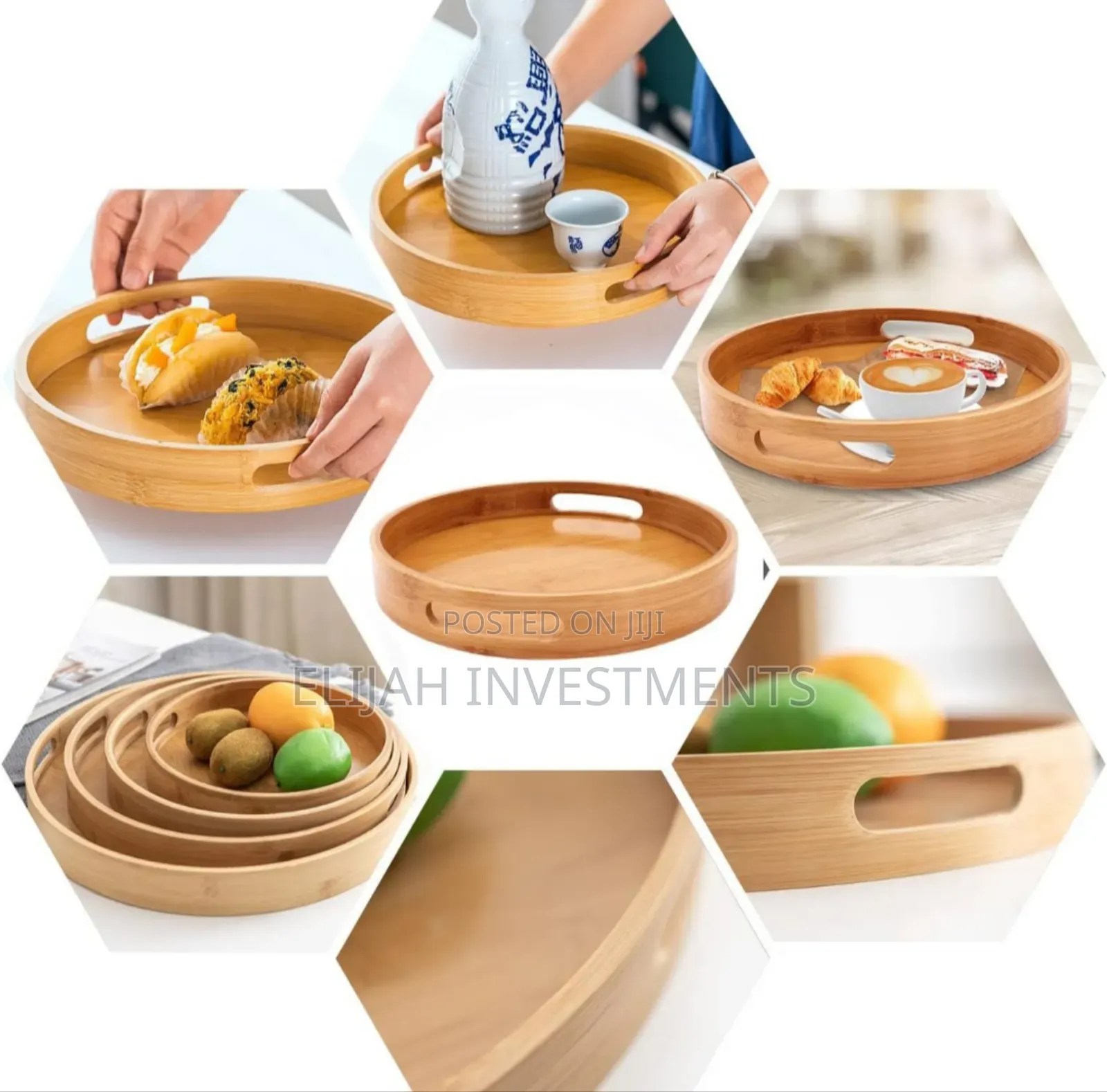 Bamboo 4pcs Round Wooden Natural Serving Trays