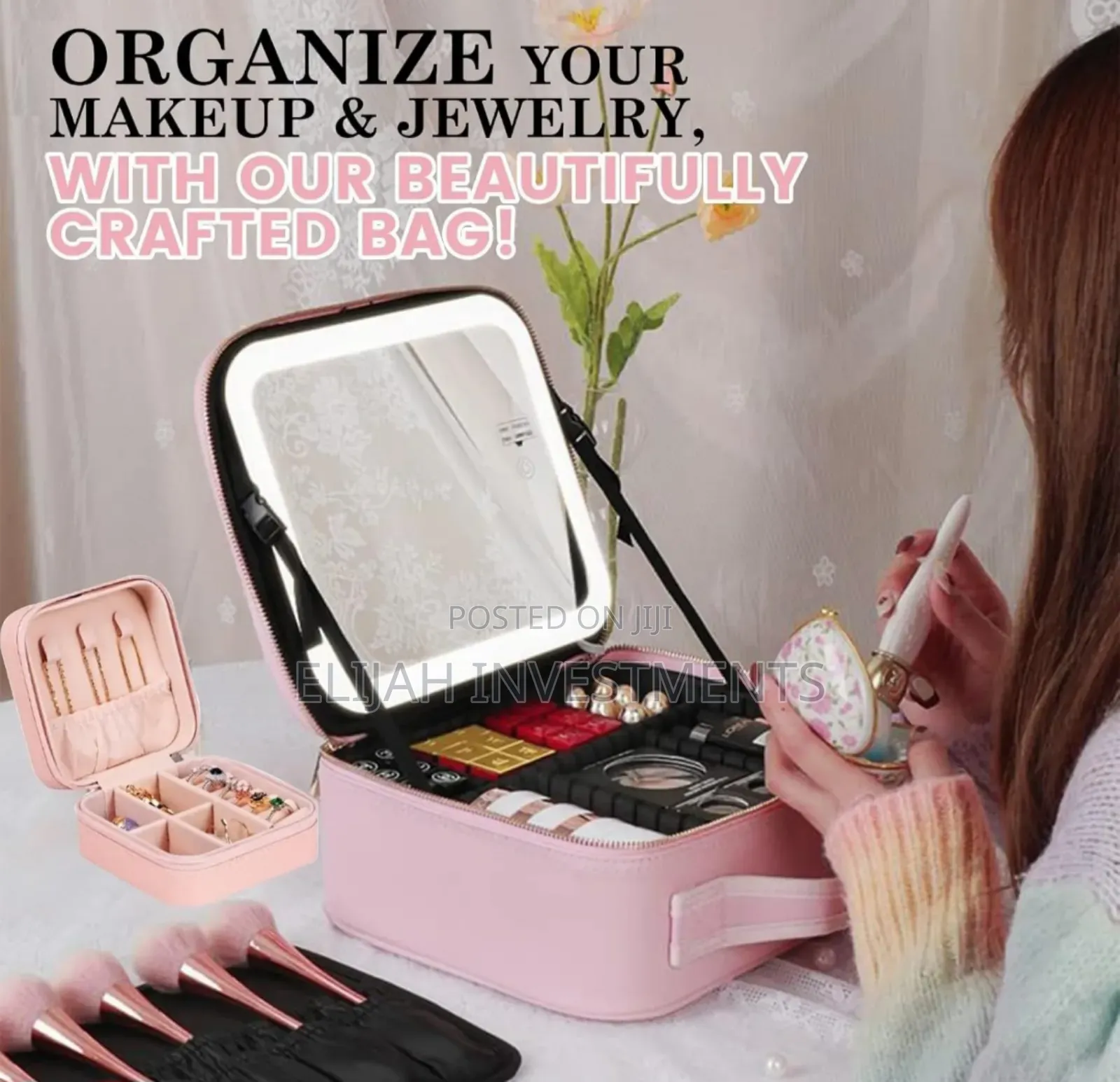 Travel Make Up Organiser Bag With Led Light Vanity Mirror