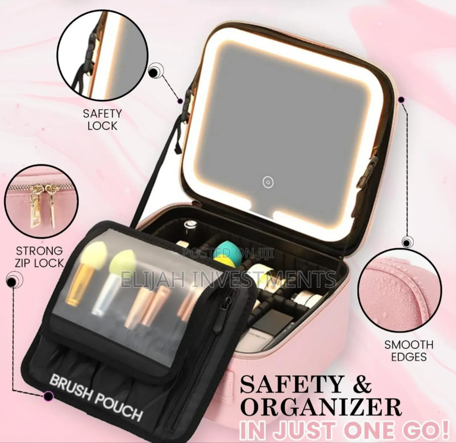Travel Make Up Organiser Bag With Led Light Vanity Mirror