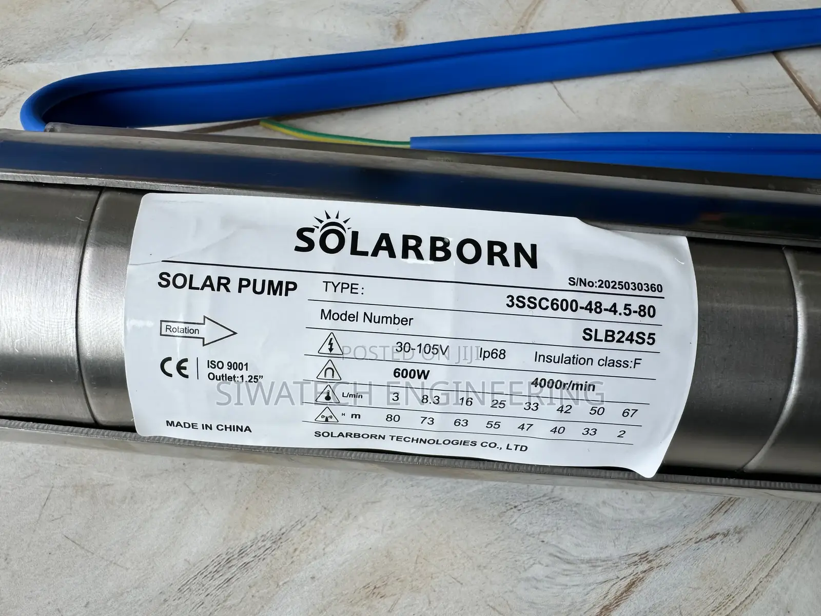80m Head Submersible Solar Water Pump, 48v 3000ltrs/Hr, 1.25