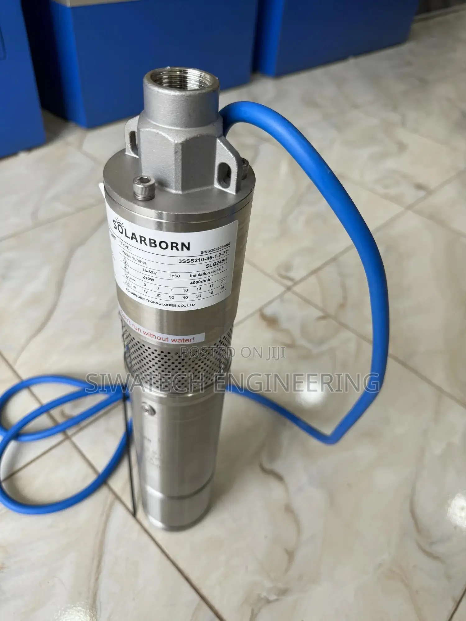 Submersible Solar Water Pump, 24v 77m Head, 1500ltrs/Hr, 3/4