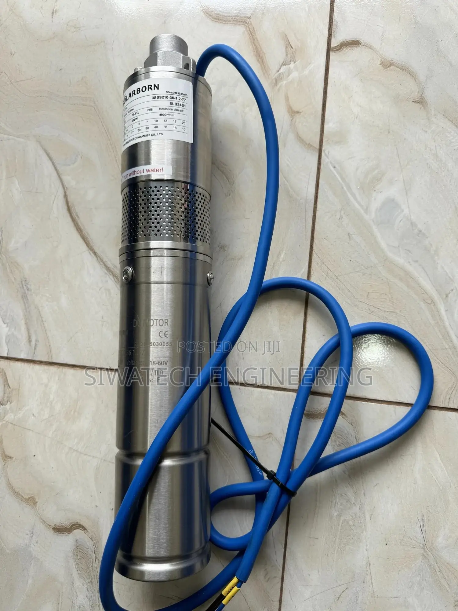 Submersible Solar Water Pump, 24v 77m Head, 1500ltrs/Hr, 3/4