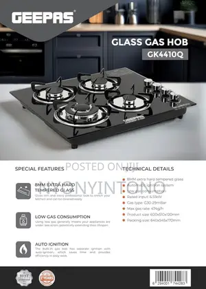 Geepas 4burner Gas Hob Gk4410 With Auto Ignition