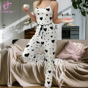 Women Cute Rib Stripes Love Heart Pants Pajamas Set
