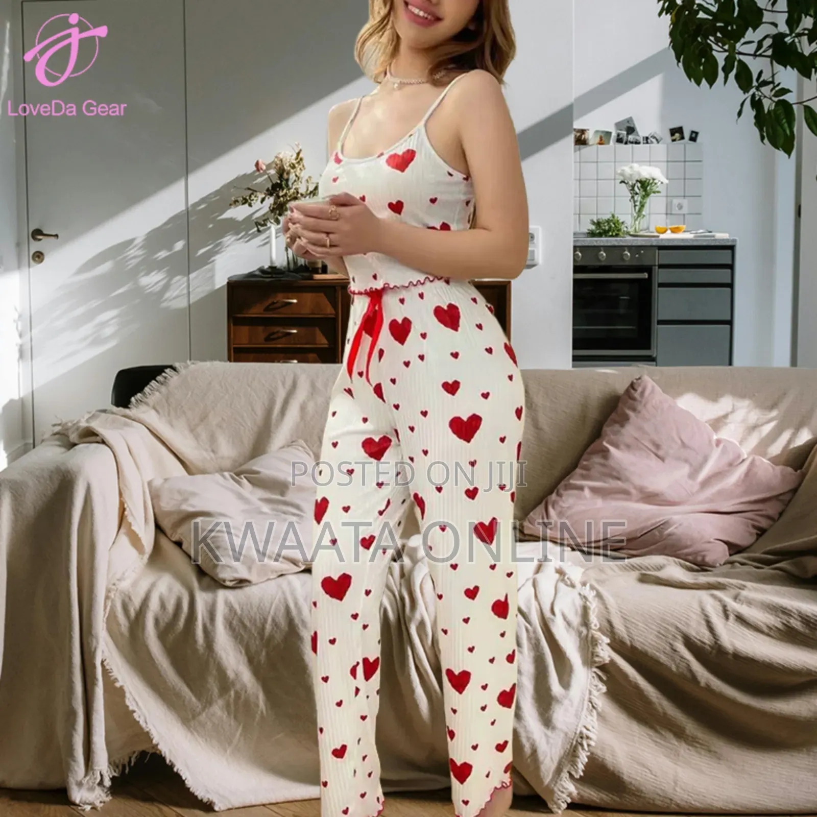 Women Cute Rib Stripes Love Heart Pants Pajamas Set