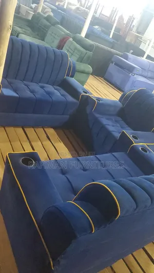 Sofa Set 5 Seats Blue With Cup Holders