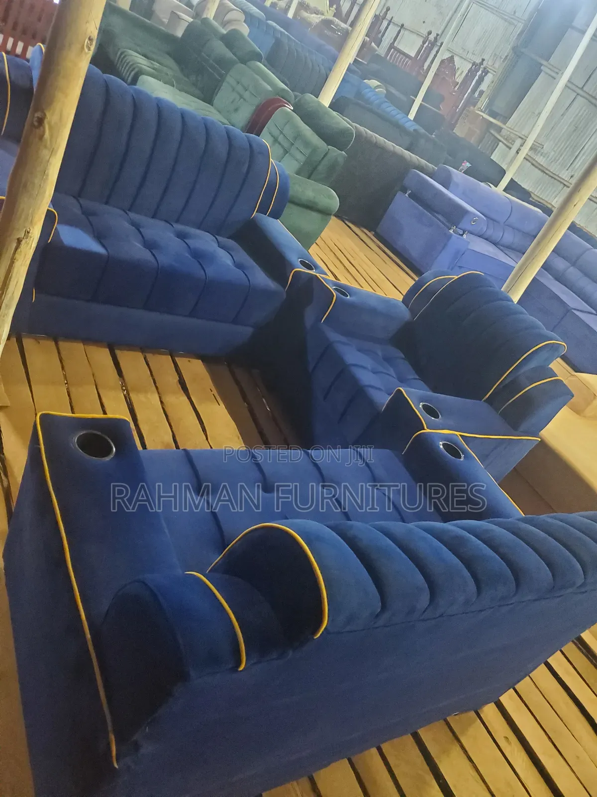 Sofa Set 5 Seats Blue With Cup Holders