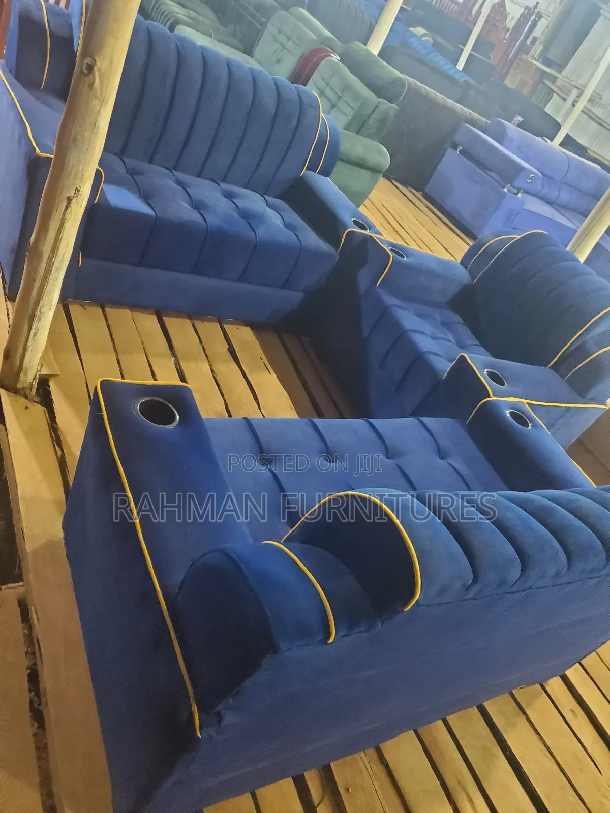 Sofa Set 5 Seats Blue With Cup Holders