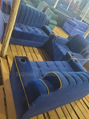 Sofa Set 5 Seats Blue With Cup Holders