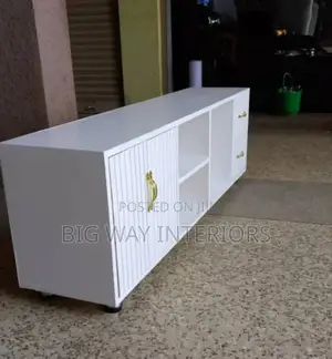 White and Gold Handled Tv Stand With 3 Open Spaces
