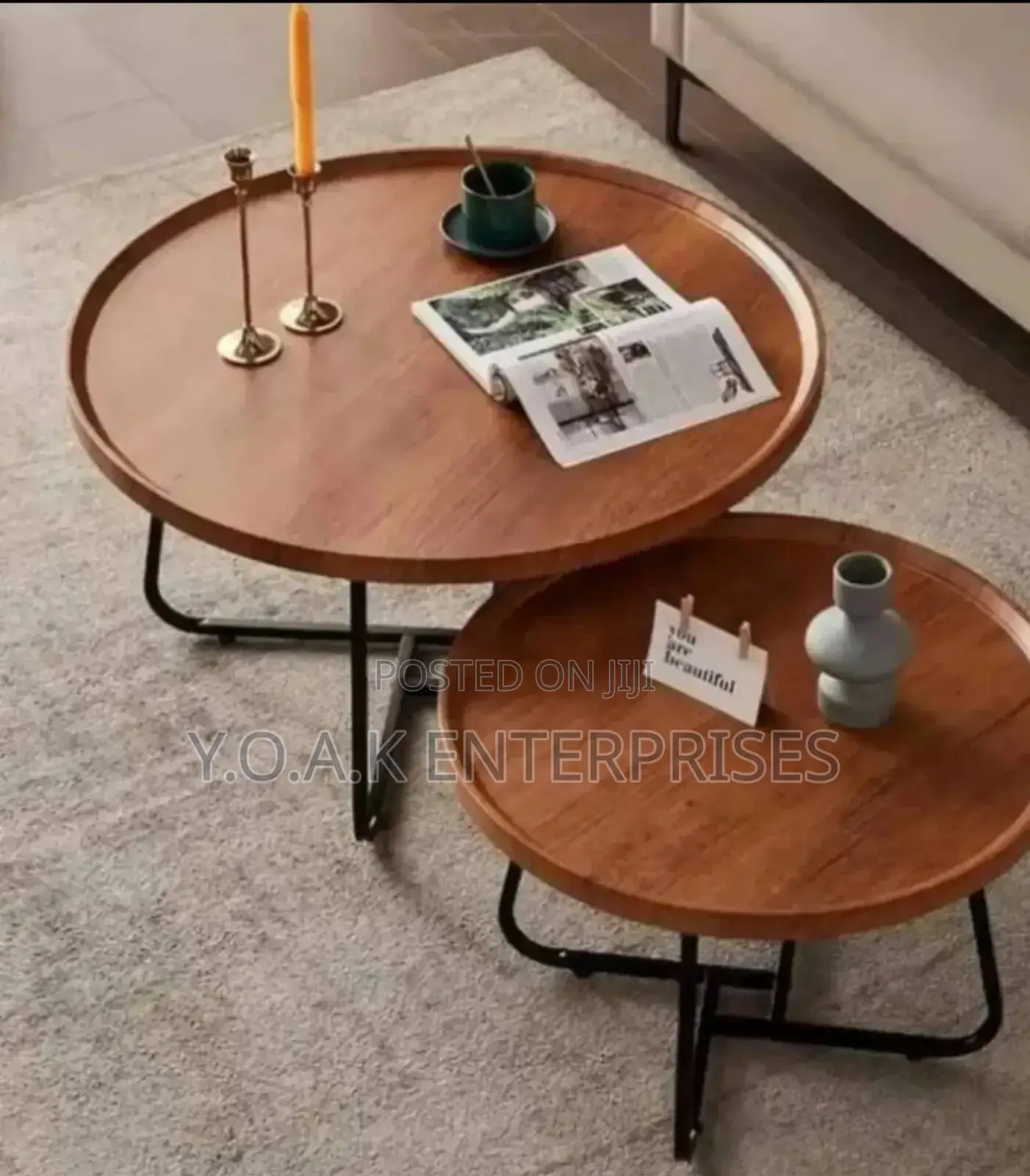 Round Wooden Table Set of 2pcs