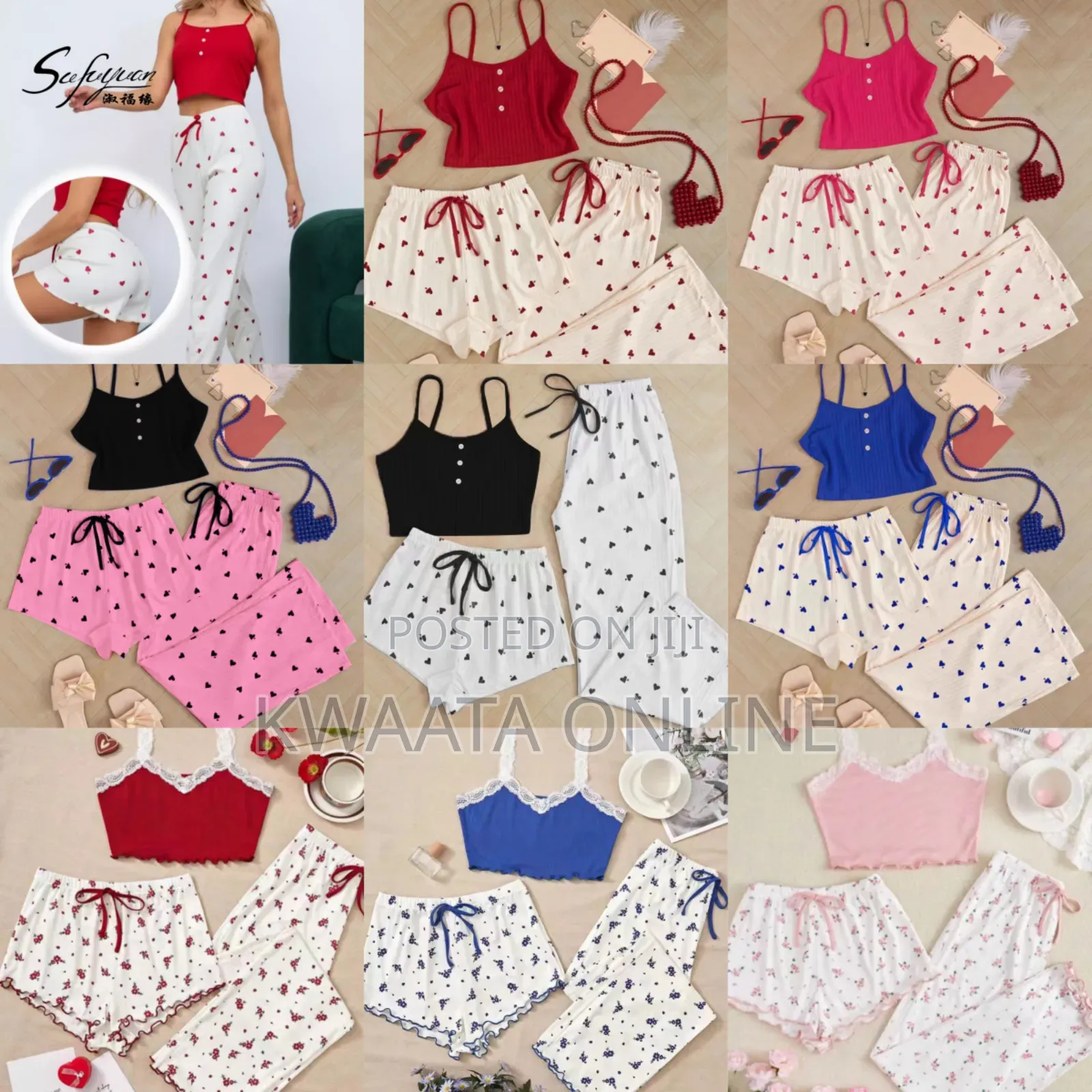 3 Piece Ladies Pajamas Print (1 Top+1 Shorts+1long)