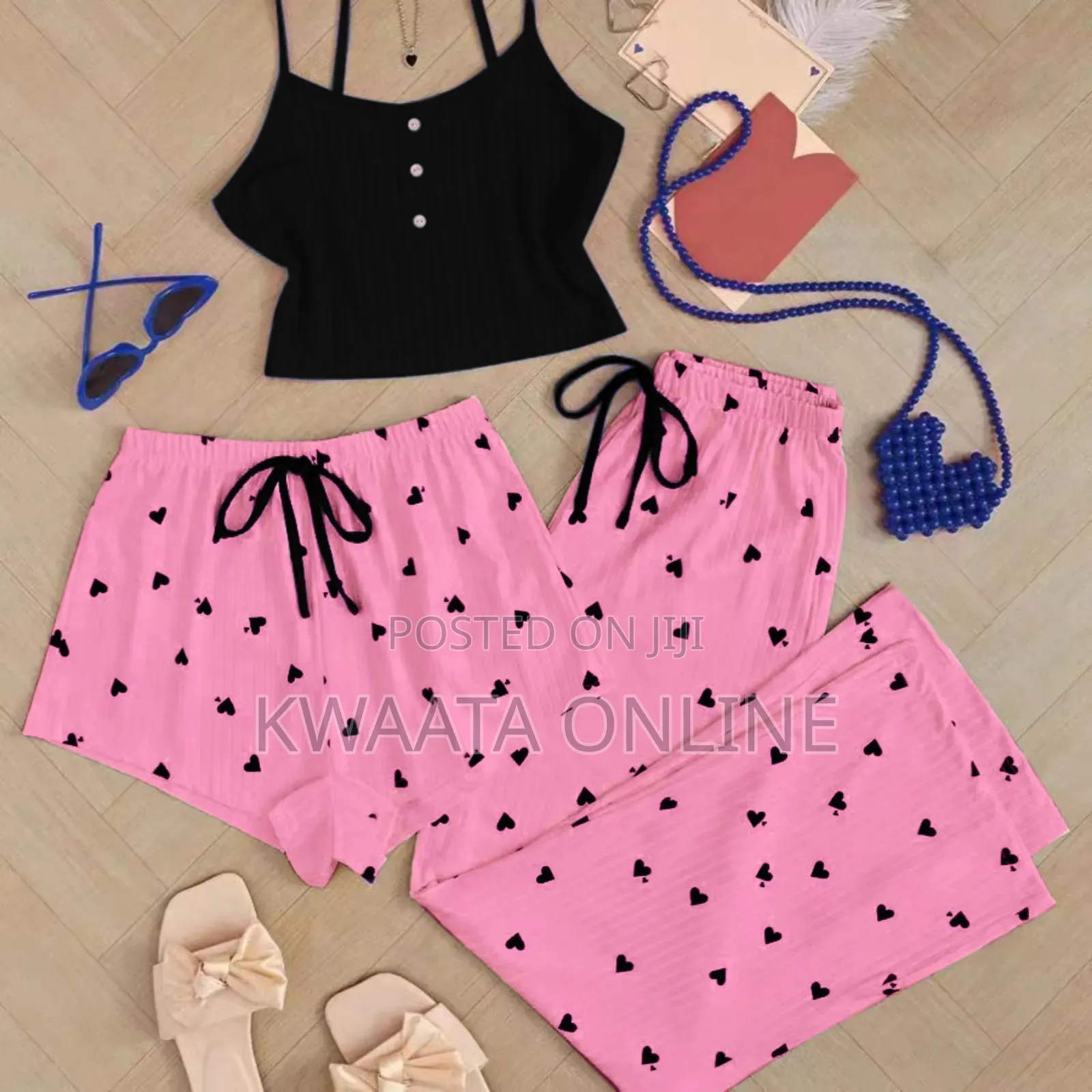 3 Piece Ladies Pajamas Print (1 Top+1 Shorts+1long)