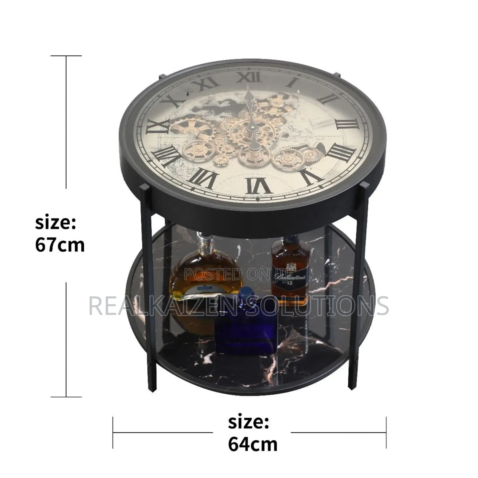World Map Metal Side Table Clock With Moving Gears 67cm