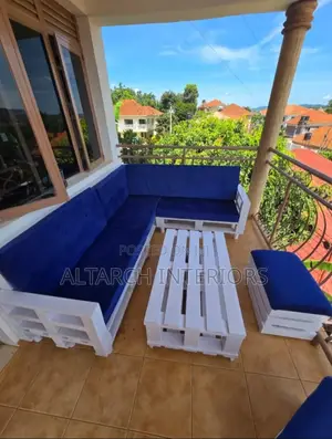 White Wooden L Balcony Sofa With Blue Seats