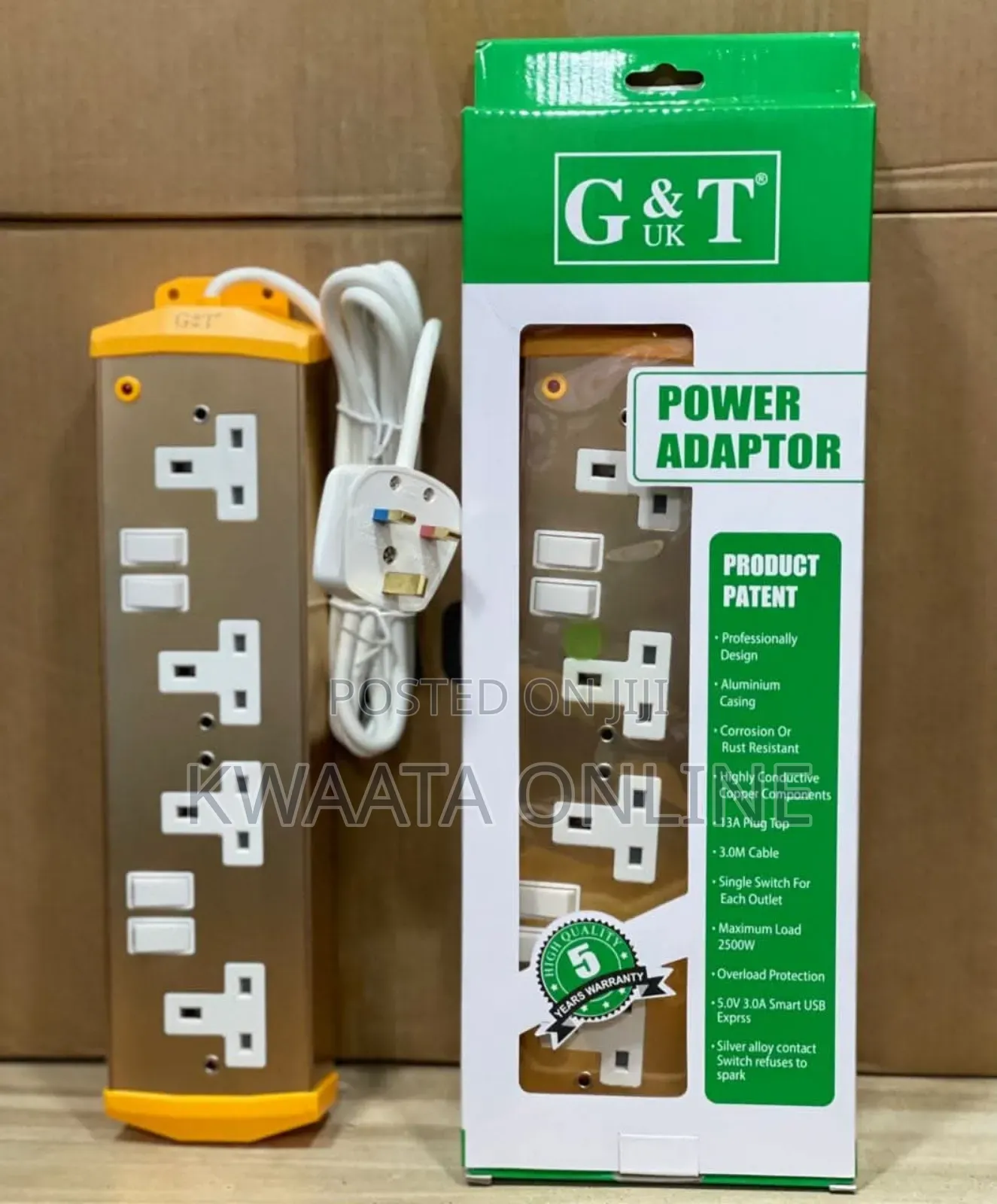 G T Metallic Extension Cable- 2500w Heavy Duty - 4 Sockets