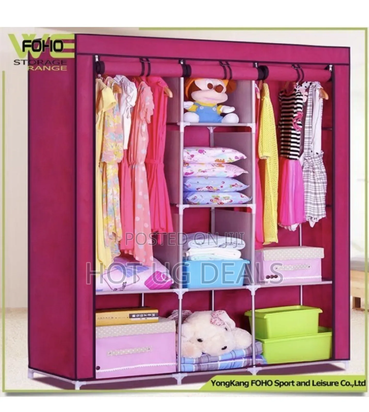 Portable Wardrobe 3 Column Cloth With Metallic Stands- Pink