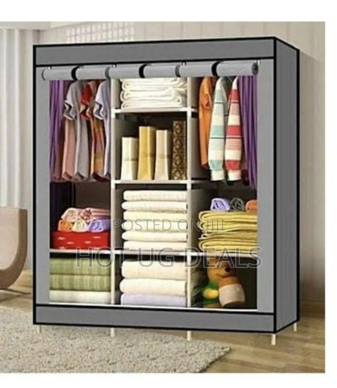 Portable Wardrobe 3 Column Cloth With Metallic Stands- Grey