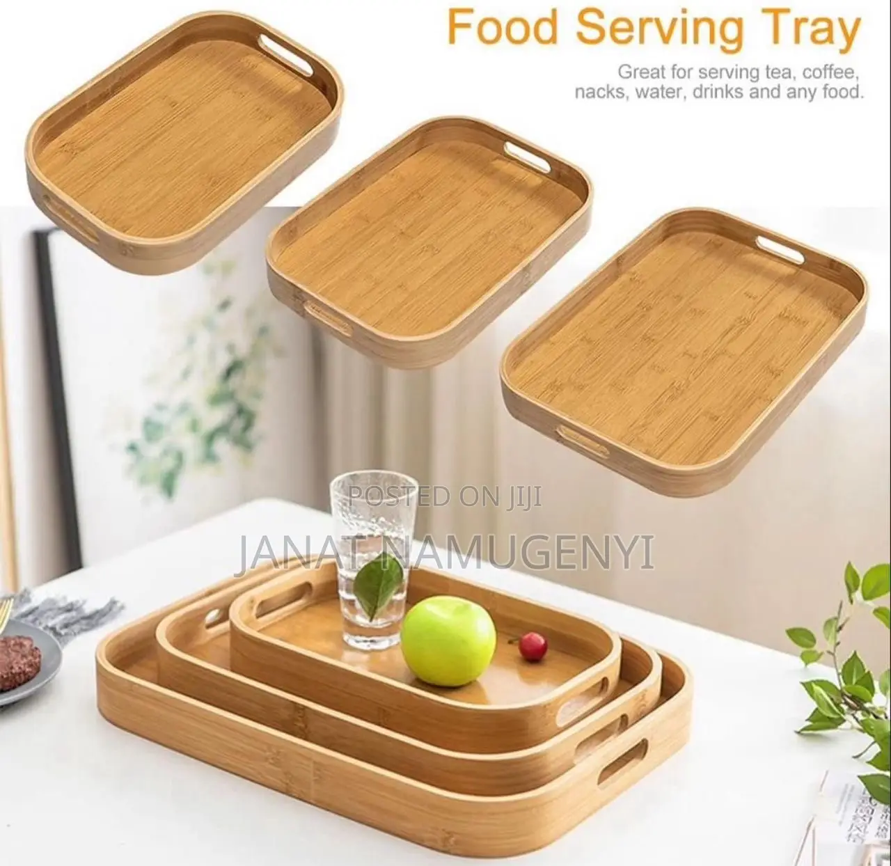 3 Piece Food Serving Bamboo Trays