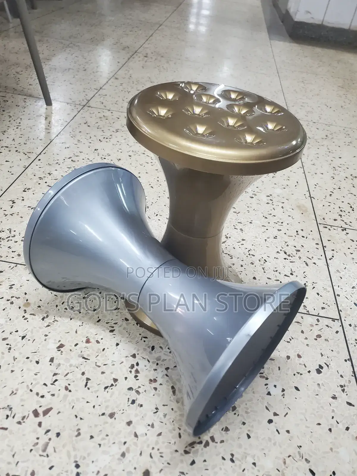 Gray and Gold Plastic Drum Stools