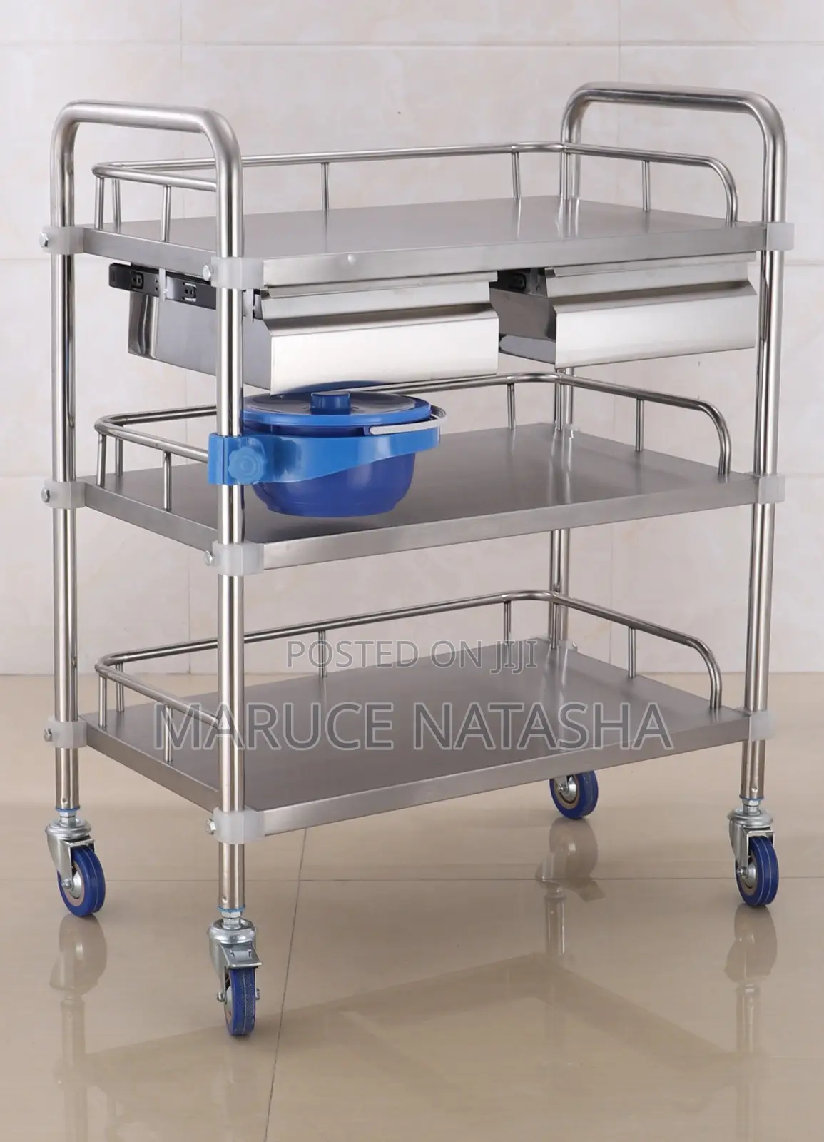 Three Shelves Double Drawer Instrument Trolley