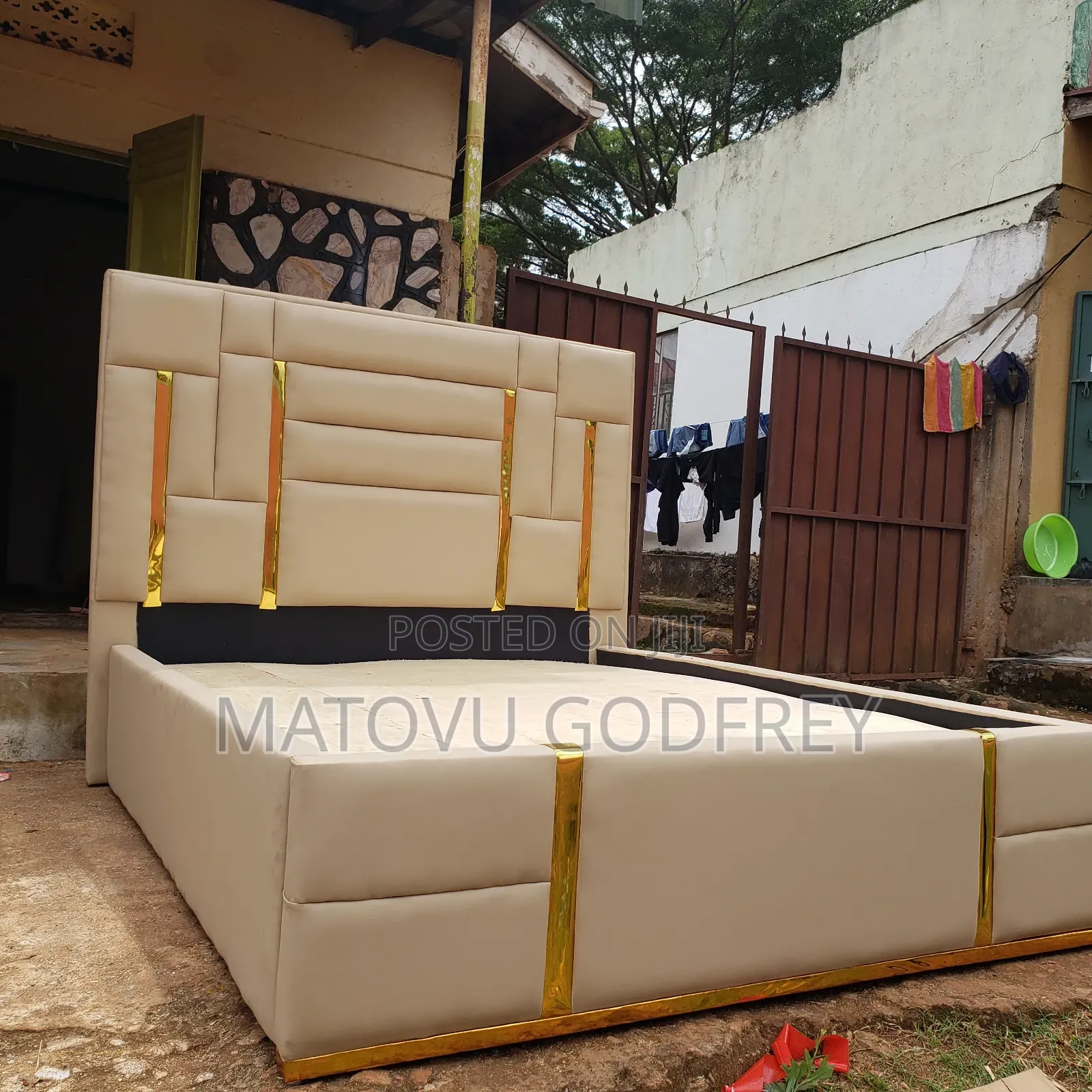 Cream Gold Striped Bed