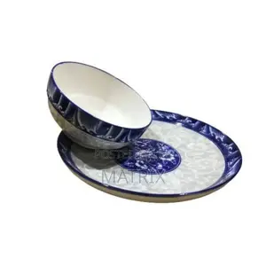 Set of 6pcs Dinner Plates, 6pcs Soup Bowls - Blue and White
