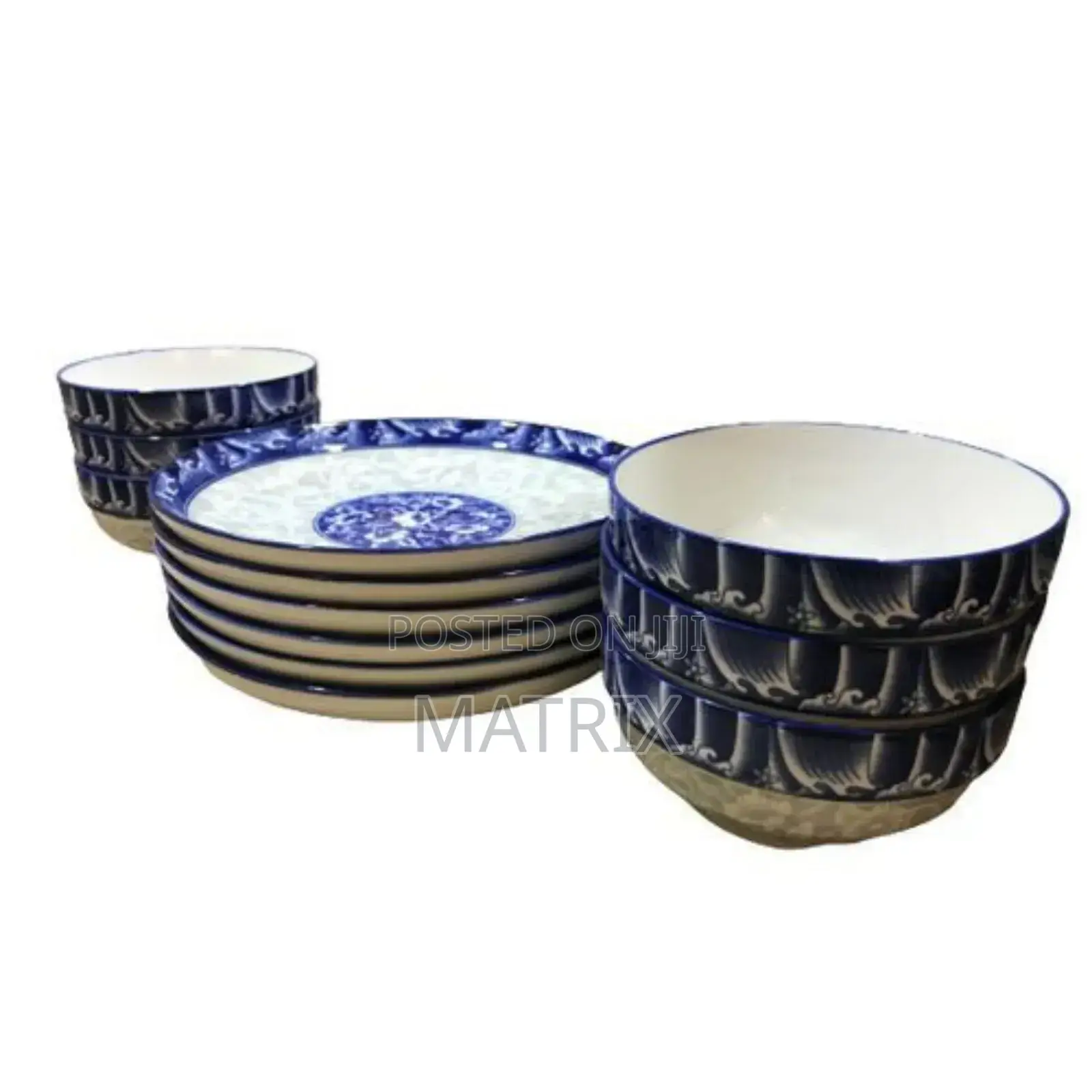 Set of 6pcs Dinner Plates, 6pcs Soup Bowls - Blue and White