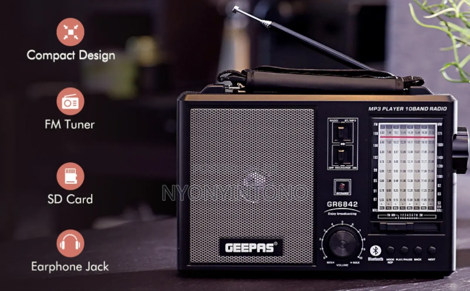 Geepas 10band Rechargeable Fm Radio With Bluetooth, Usb, Aux