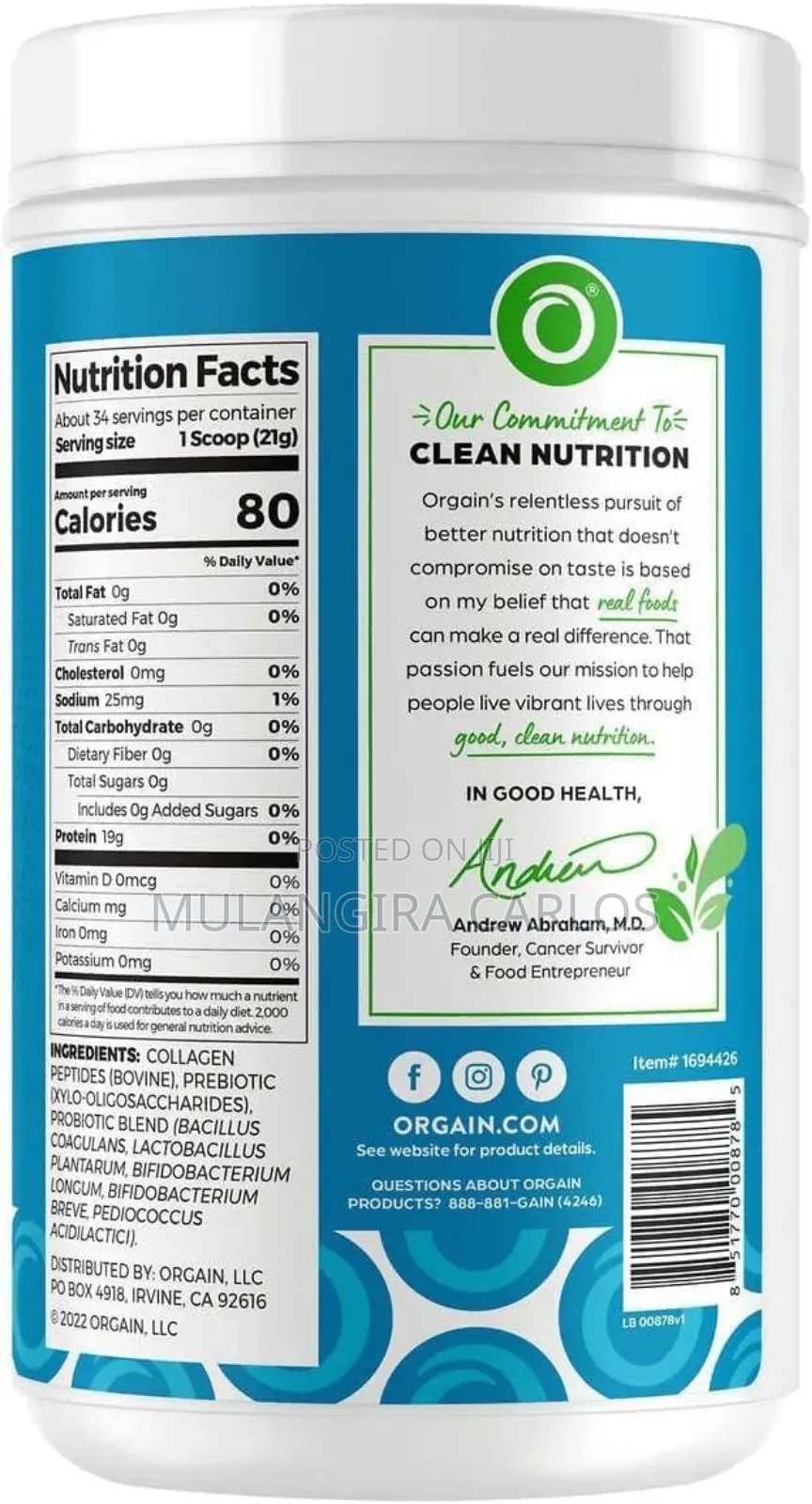 Orgain Collagen Peptides, Plus Probiotics. Suppliment